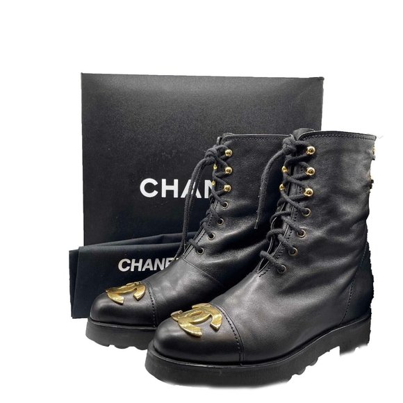 Chanel RARE Vintage Combat Boots w/Gold Plated Plaque 1990 Black FR 36 US 5.5 - Picture 1 of 13